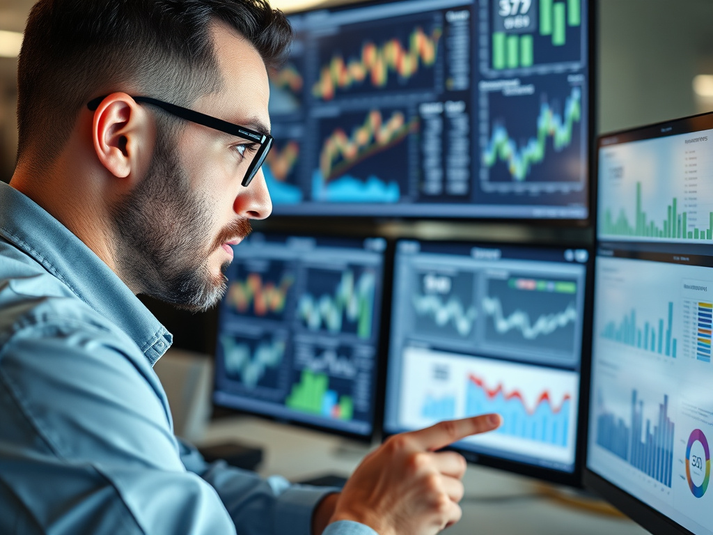 professional SEO analyst examining data charts and keyword metrics on multiple screens