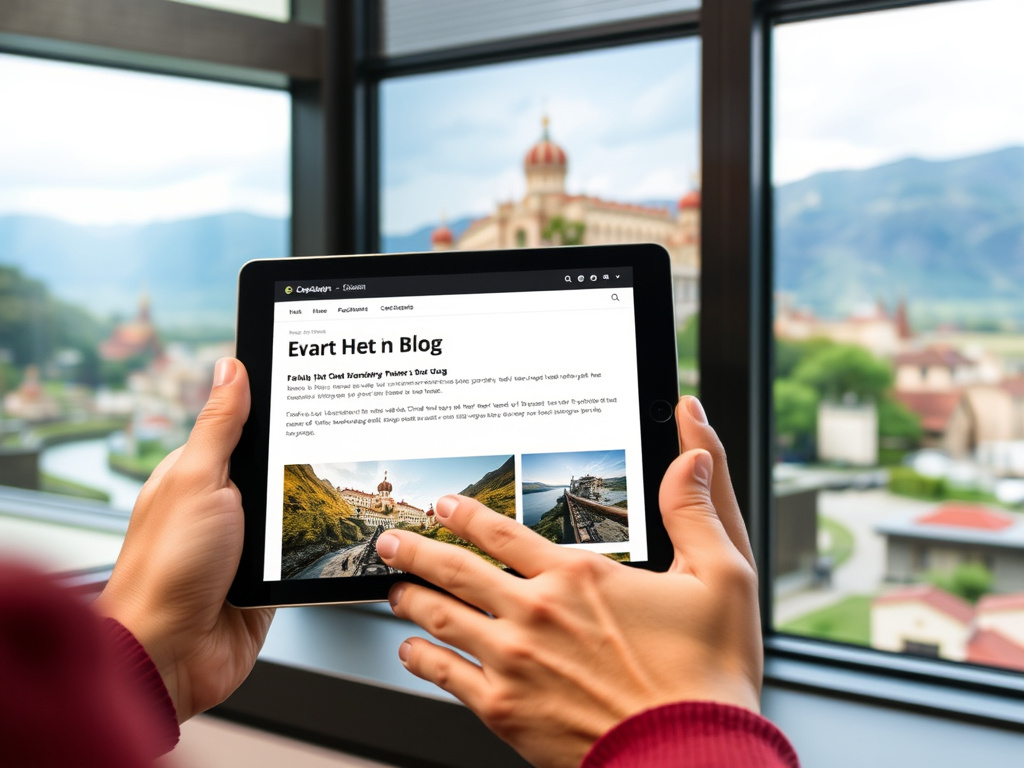 content creator designing localized blog content on a digital tablet with regional imagery in background