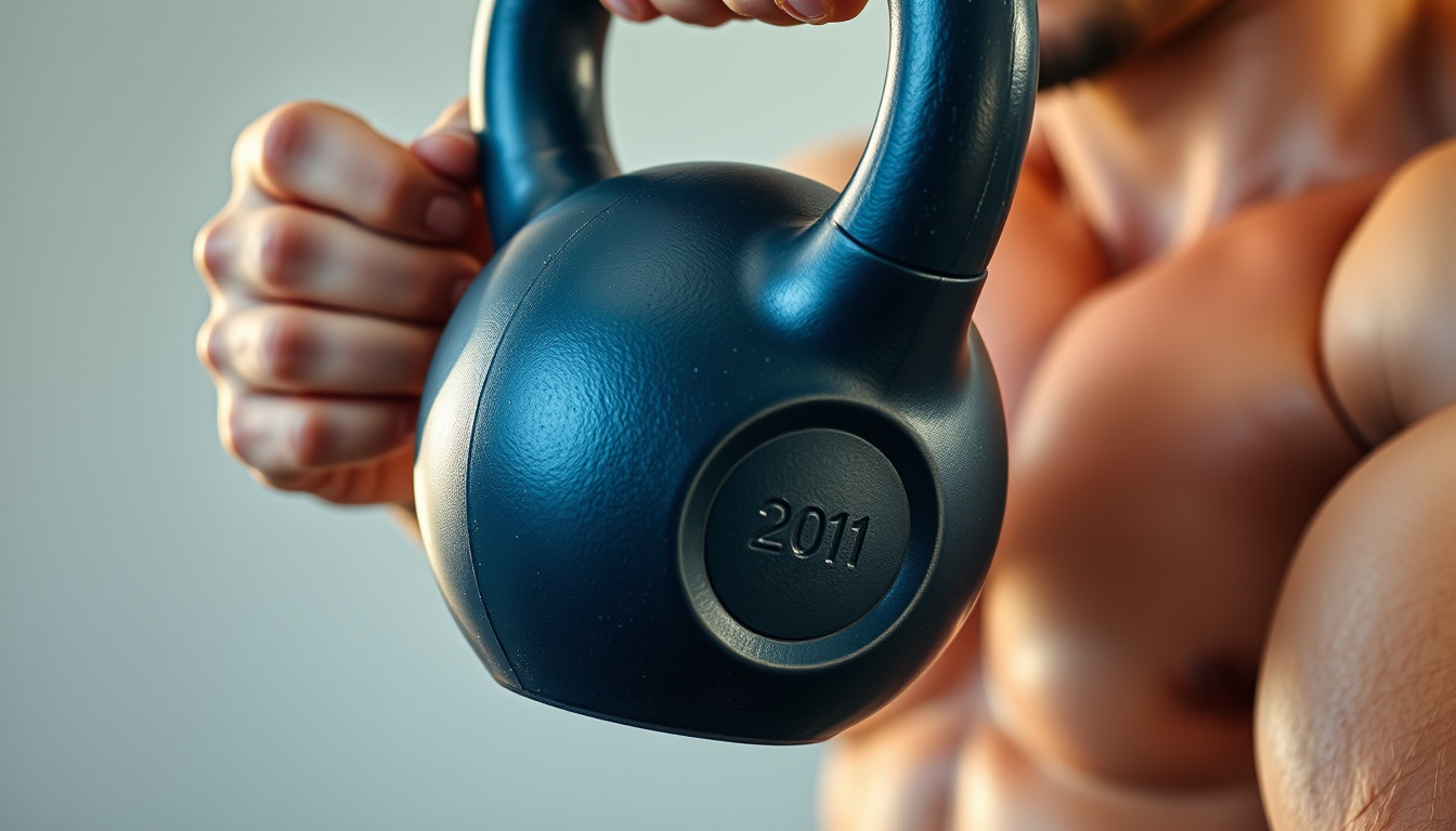  Close-up of a kettlebell being lifted, muscles tensed, energetic workout scene