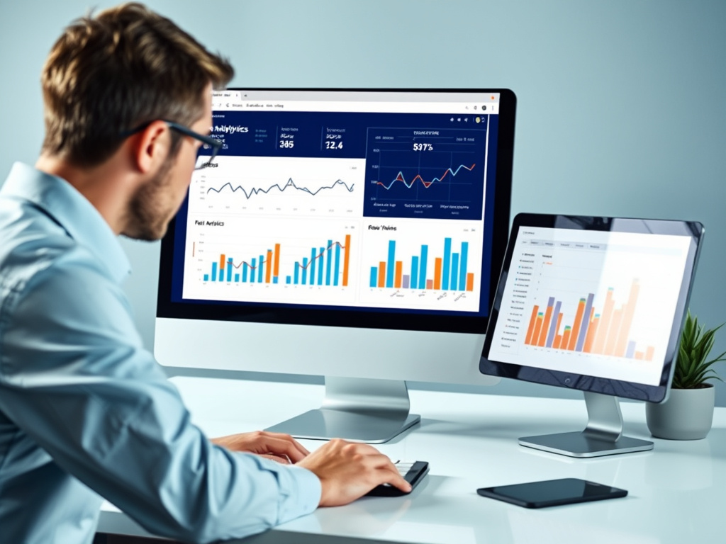 corporate professional analyzing website analytics on a desktop with charts and graphs