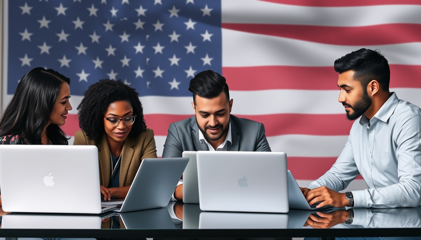  diverse entrepreneurs strategizing with laptops, overlay of contract analytics, US flag in background