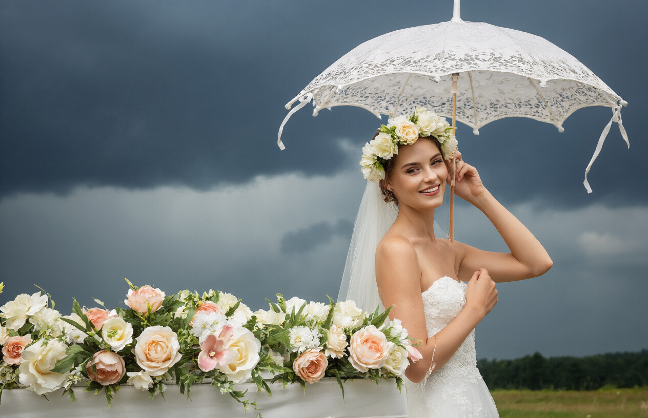 Create a realistic image of a beautiful outdoor wedding setup with artificial flower arrangements that remain pristine despite dark rain clouds in the background, showing how artificial flowers can weather-proof a wedding day, with clear protective covers over some decorations and a happy white bride adjusting her artificial flower crown while staying dry under a decorative wedding umbrella.