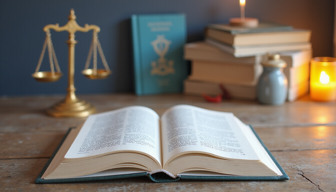  An open legal book with a scale of justice and safety symbols in the background