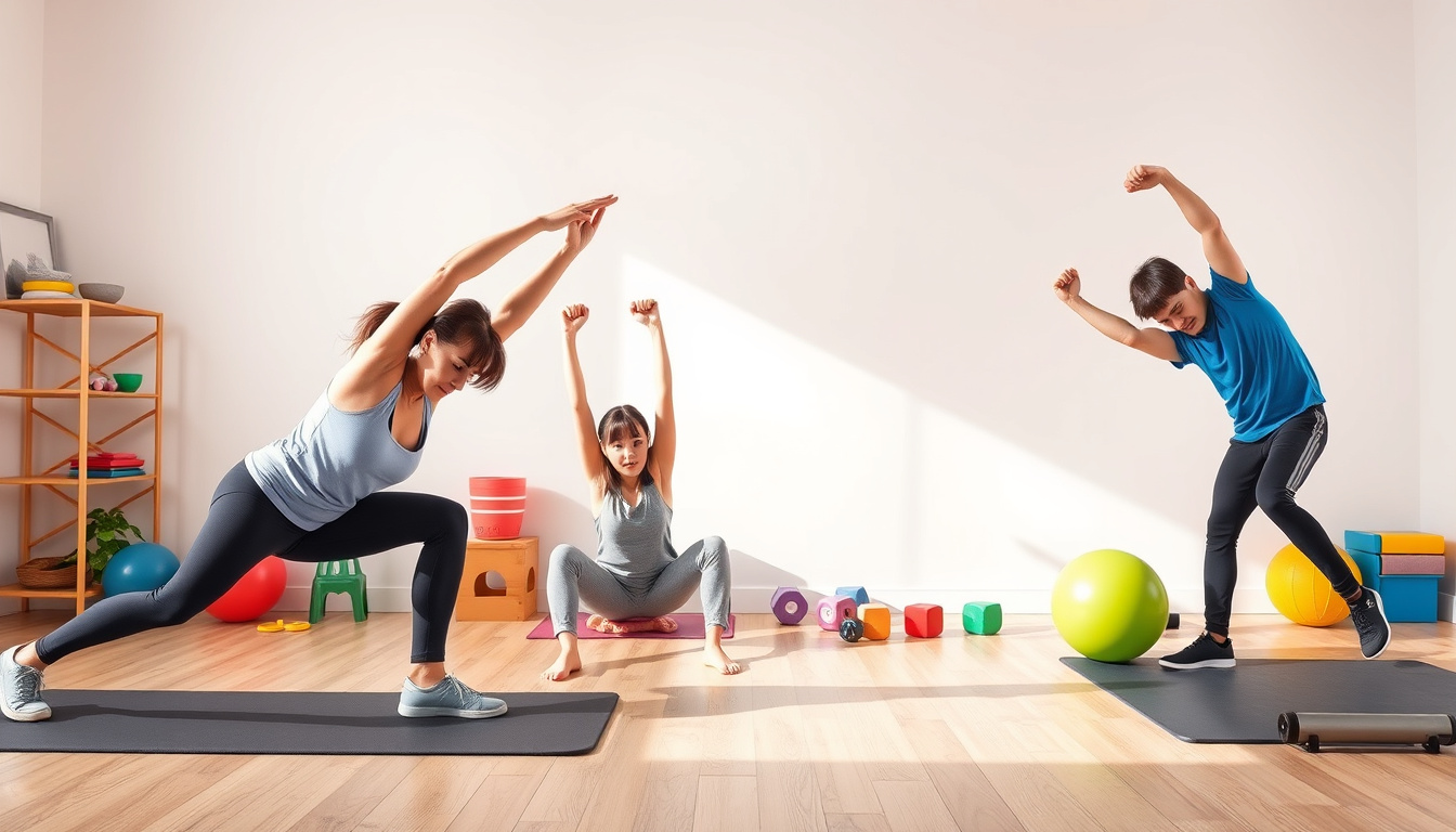  Flexibility and strength exercises featuring diverse learners and colorful equipment