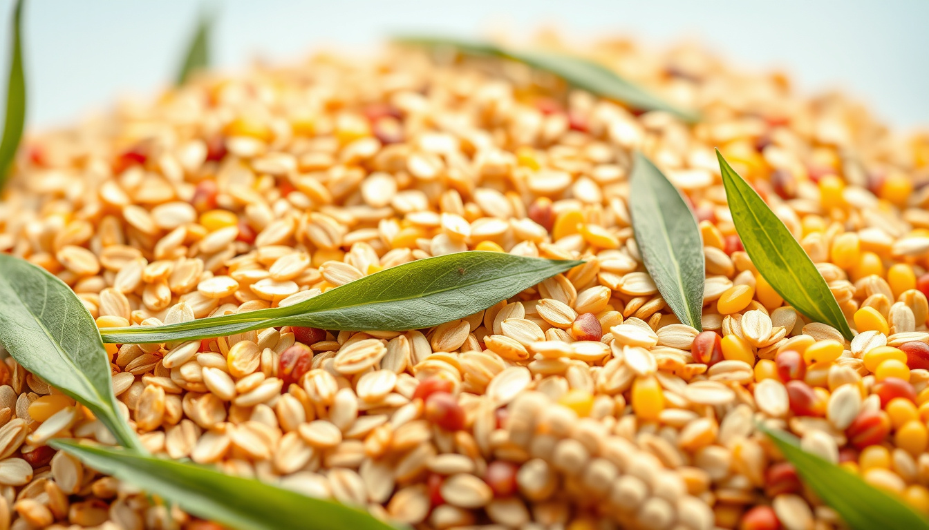  Colorful variety of grains like oats, barley, and corn with fresh leaves —vivid and detailed
