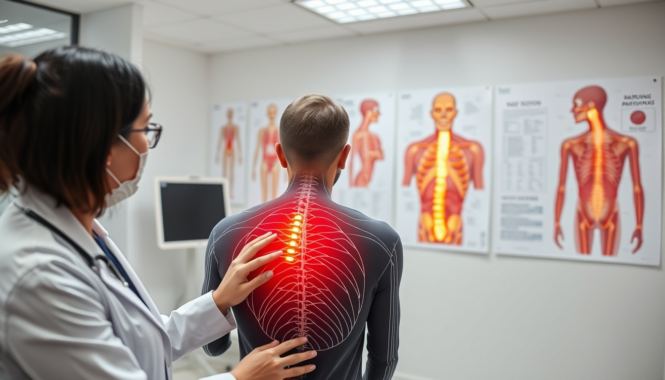  Doctor consulting patient with spinal nerve pain, modern clinic setting, detailed anatomy charts