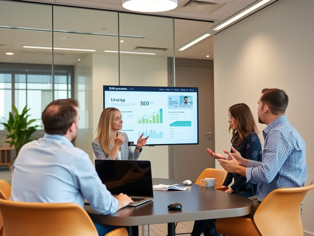 professional digital marketing consultant discussing SEO strategies with team in a modern conference room