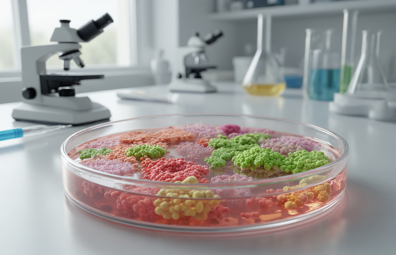Create a realistic image of a microscopic view showing diverse bacterial colonies in different colors on a petri dish, with some colonies highlighted in green (representing good bacteria) and others in red (harmful bacteria), placed on a clean laboratory table with scientific equipment like microscopes and pipettes in the background, soft clinical lighting illuminating the scene, conveying the scientific approach to understanding oral bacterial balance.