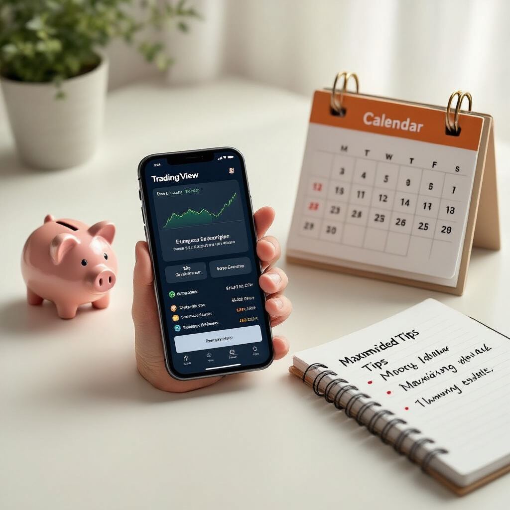 Create a realistic image of a person's hand using a smartphone displaying the TradingView app with premium features highlighted, next to a calendar showing an extended subscription period, a small piggy bank, and a notepad with handwritten tips for maximizing value, all arranged on a clean desk with soft natural lighting creating a productive atmosphere.