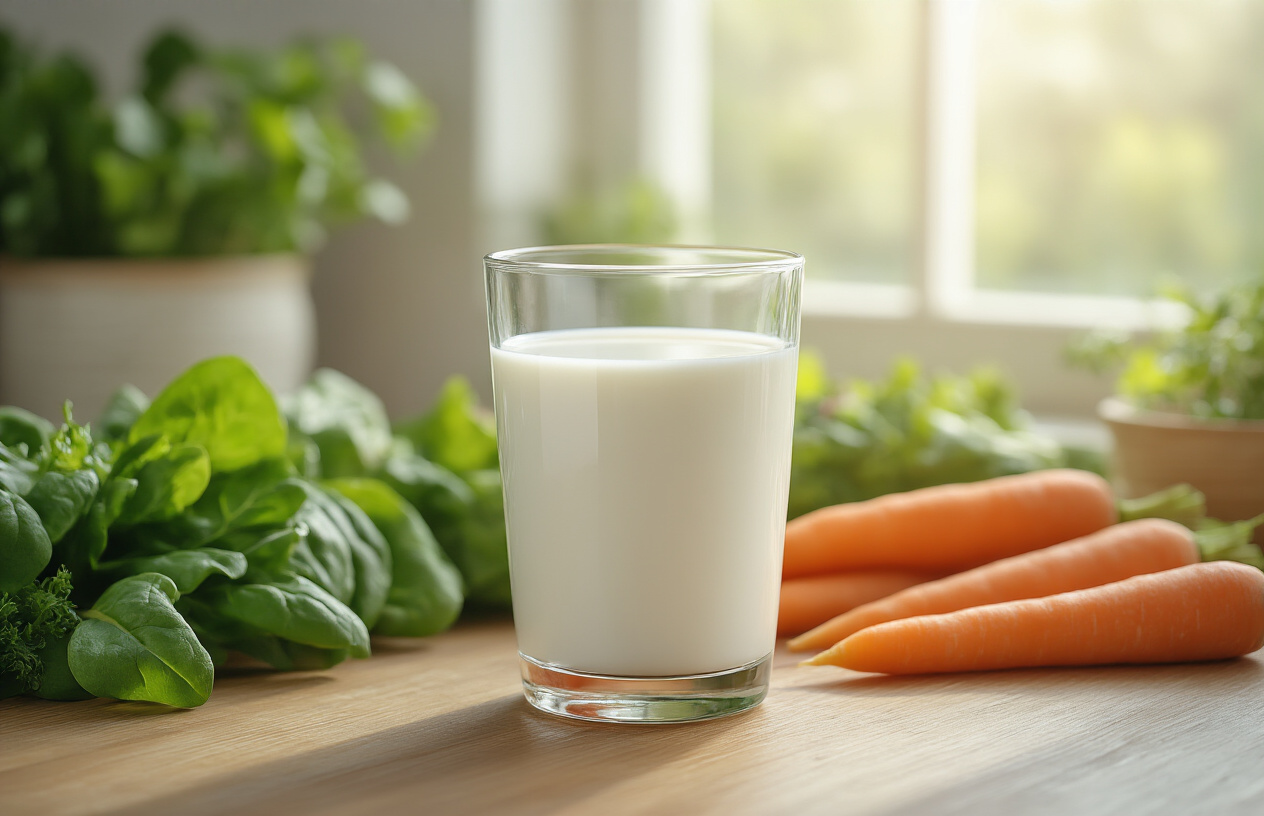 Create a realistic image of a glass of fresh white milk prominently displayed on a clean wooden table, surrounded by natural dairy sources including fresh vegetables like leafy greens and carrots, with soft natural lighting streaming from a window in the background creating a warm, healthy lifestyle atmosphere that emphasizes nutrition and wellness, absolutely NO text should be in the scene.