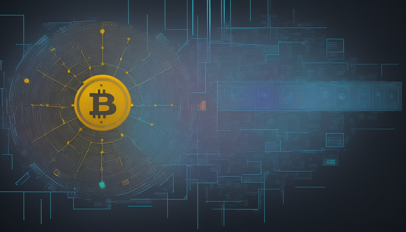  Abstract blockchain network overlayed with legal scales and digital currency icons