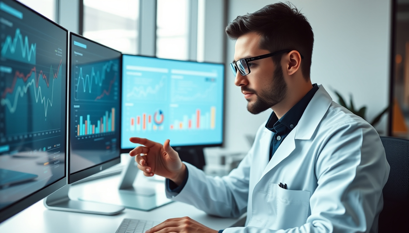 professional data scientist analyzing marketing graphs on multiple transparent screens, sleek modern office setting