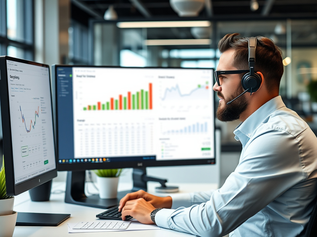 business analyst conducting keyword research with digital analytics tools on a desktop in a corporate office
