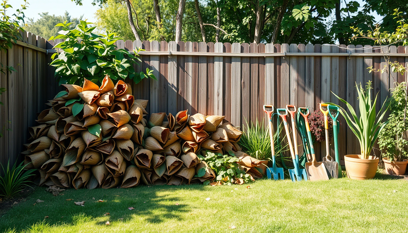  A tidy backyard with neatly stacked leaves and garden tools arranged, sunny day