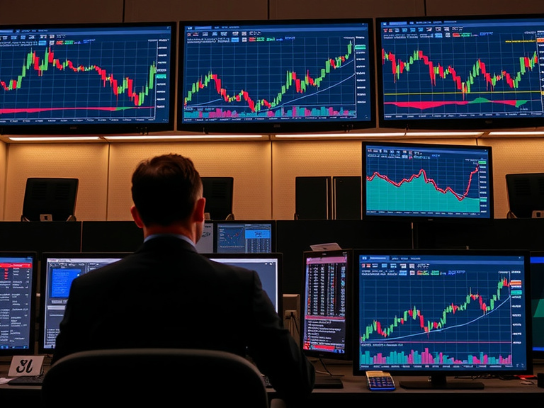 modern trading dashboard with multiple screens showing real-time market data, charts with technical indicators, and trading tools in a sleek dark interface with blue accents, professional trader working with three monitors in a high-tech office environment