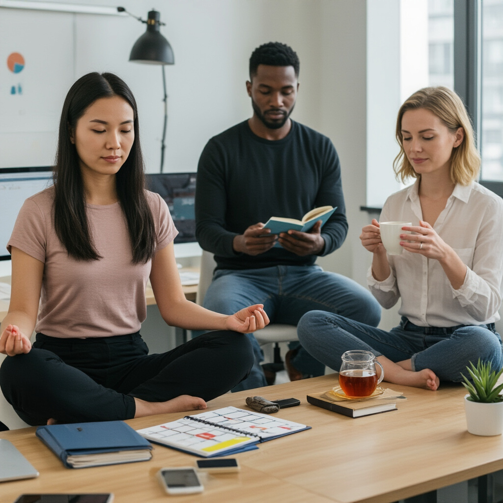 Create a realistic image of a diverse group of professionals (Asian female, Black male, White female) working in a organized office environment, each engaged in stress-reducing routines - one practicing desk yoga, another using a time-blocking planner, and the third taking a short mindfulness break with a cup of tea, showcasing a balanced approach to integrating stress management into daily work life.