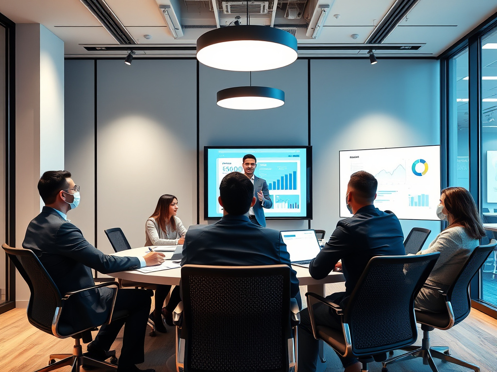 Business professional conducting a strategic SEO planning session with team in a modern conference room