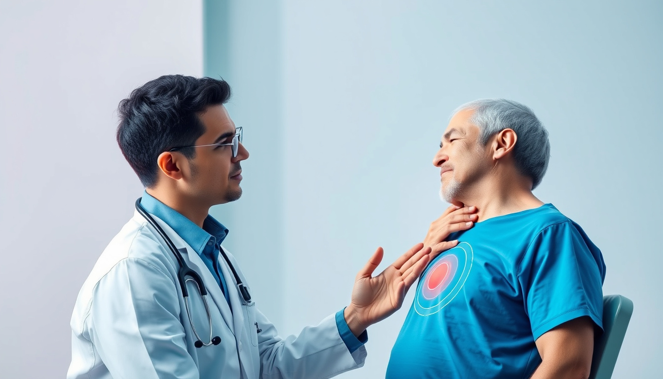  doctor consulting patient with stomach pain, clinical setting, empathetic atmosphere
