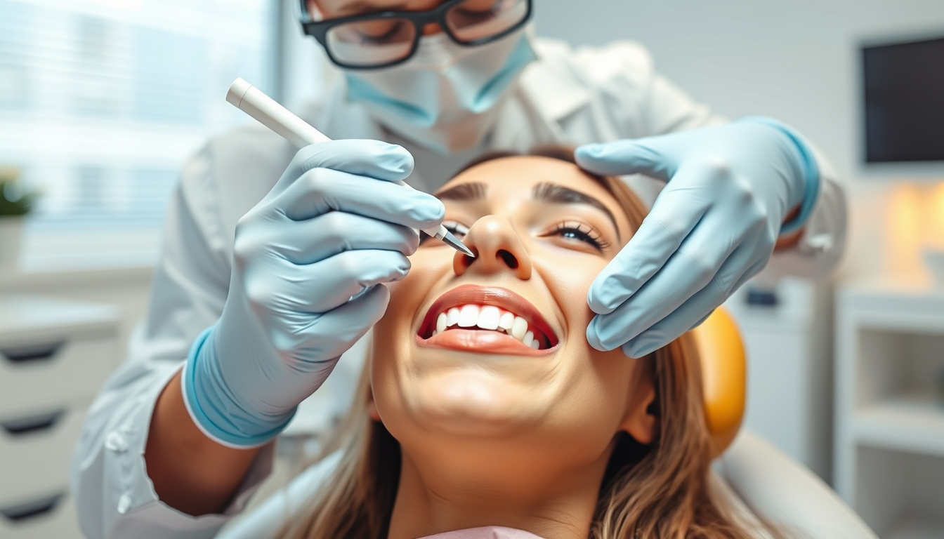  Dentist applying gentle teeth whitening treatment in modern clinic, calm patient