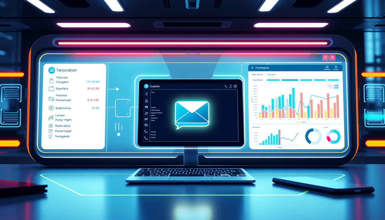  futuristic communication interface showing voicemail transcription, business charts, efficient digital workspace