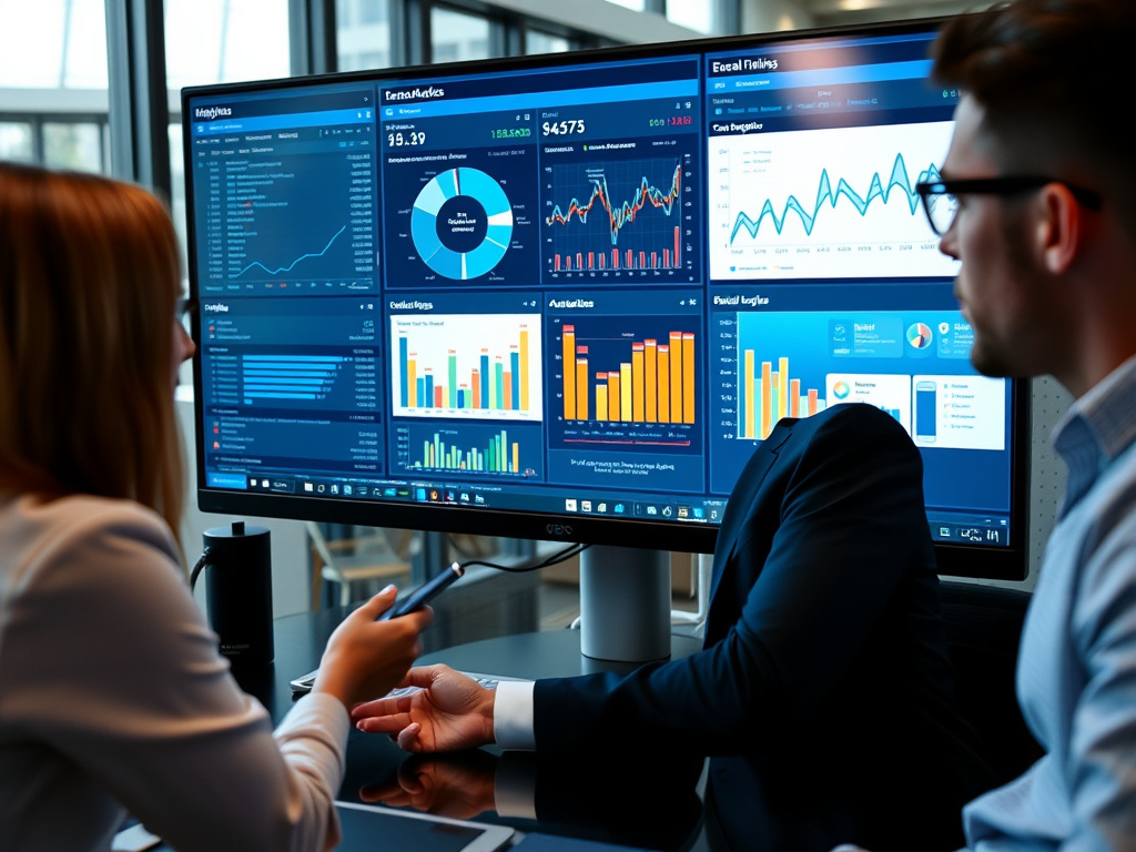 professional business team analyzing website analytics on a digital screen