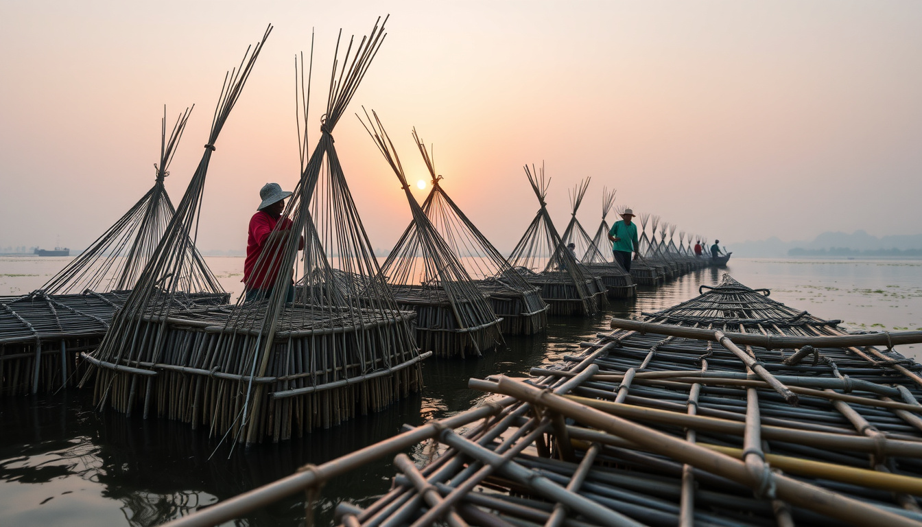  Detailed close-up of traditional bamboo fishing traps with fishermen working at dawn on calm riverbanks