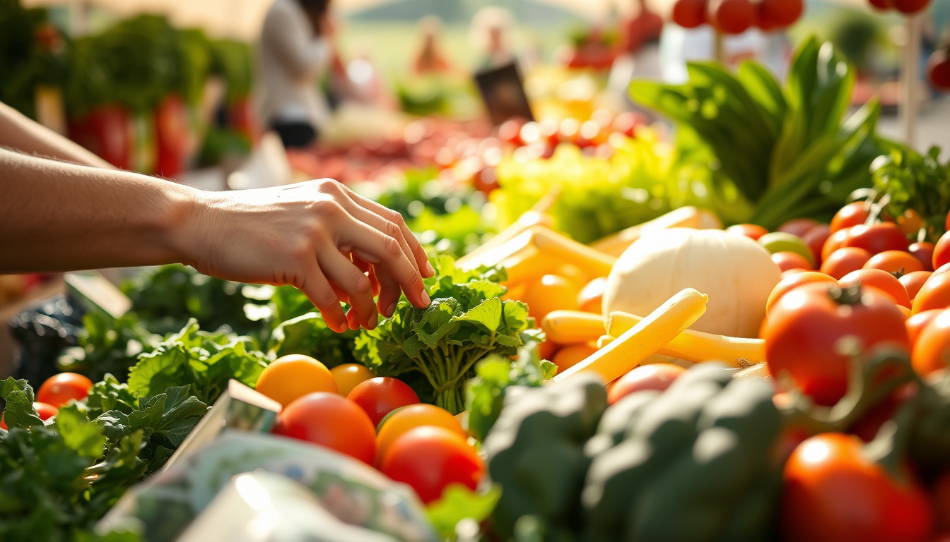  Hands selecting organic produce at a farmers market, bright natural sunlight, healthy choices