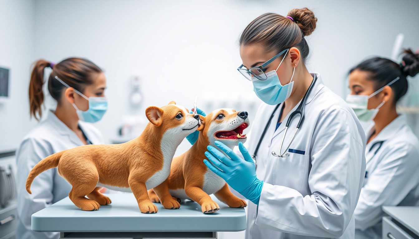  attentive vet tech practicing medical techniques on realistic animal models in bright clinic
