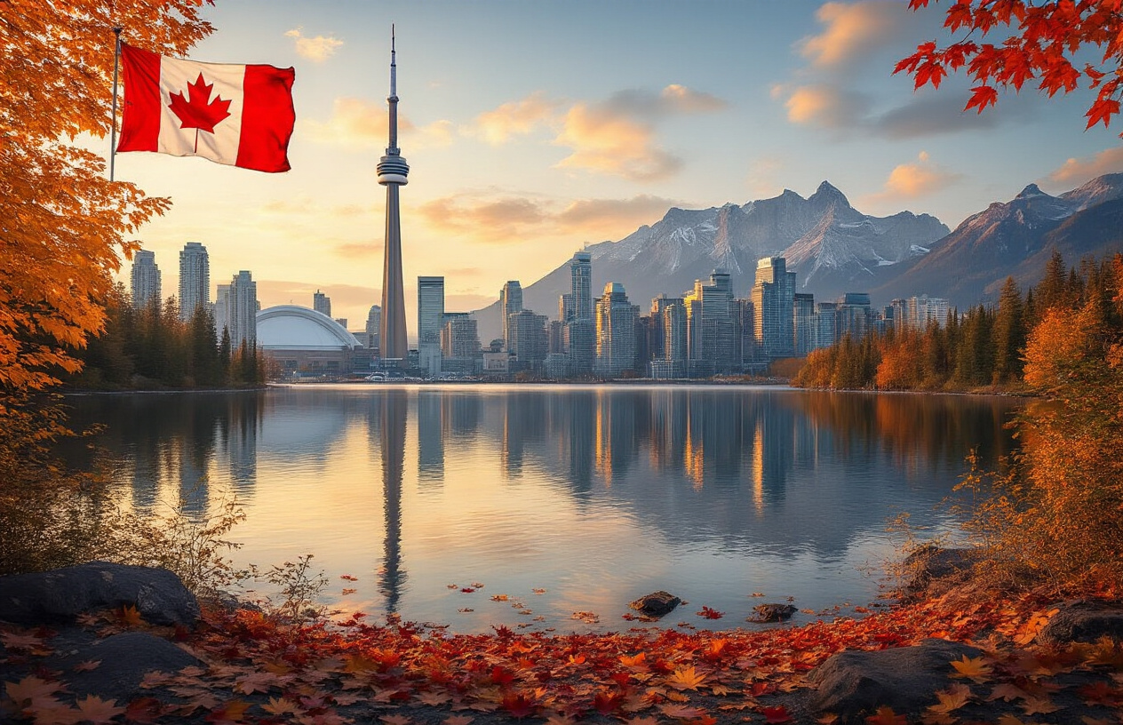 Create a realistic image of a panoramic view showcasing iconic Canadian landmarks including the CN Tower skyline, Rocky Mountains in the background, a portion of the Canadian flag waving gently in the breeze, maple leaves scattered naturally in the foreground, and a peaceful lake reflecting the scenery, captured during golden hour lighting with warm, inviting tones that represent Canada's natural beauty and modern achievements, shot from an elevated perspective that encompasses both urban and natural elements in perfect harmony, Absolutely NO text should be in the scene.
