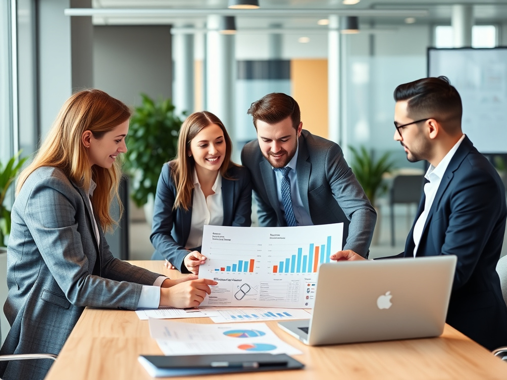 professional business team collaborating on digital marketing strategy with charts and laptops in a modern office setting