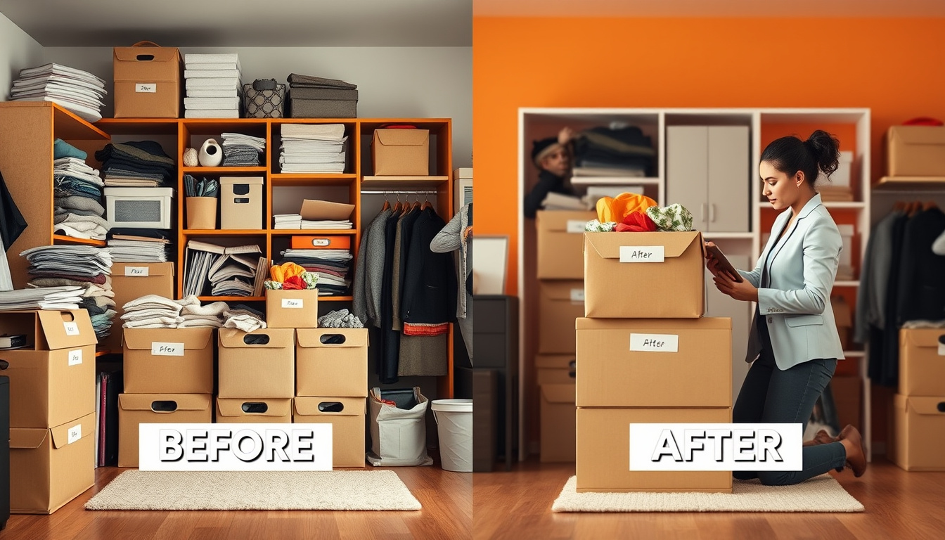  professional organizer efficiently decluttering chaotic space, labeled boxes, before and after contrast, warm tones