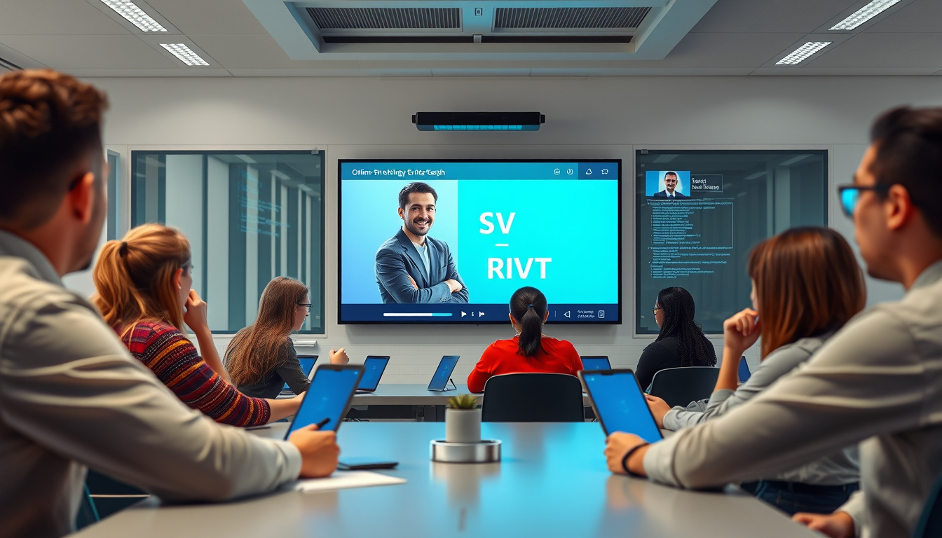  dynamic classroom scene with diverse students engaging in online LSB-RVT course on futuristic digital screens