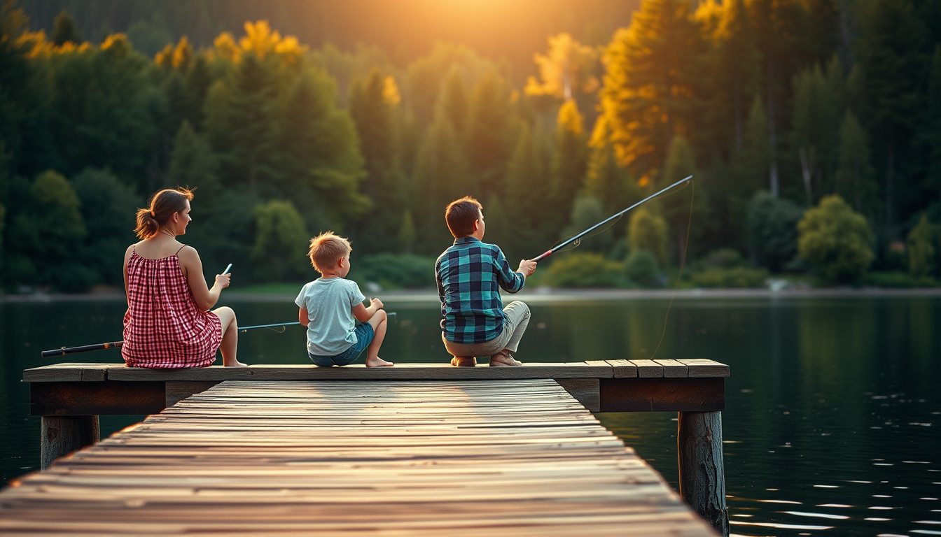  Family enjoying fishing on a wooden dock, lush forest background, golden hour light
