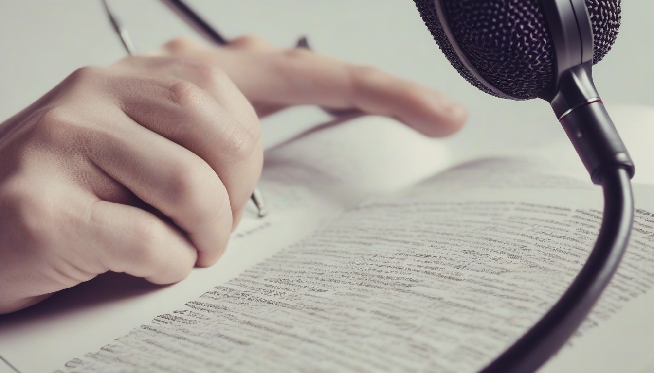  close-up of hands holding script with highlighted narration notes, microphone in background