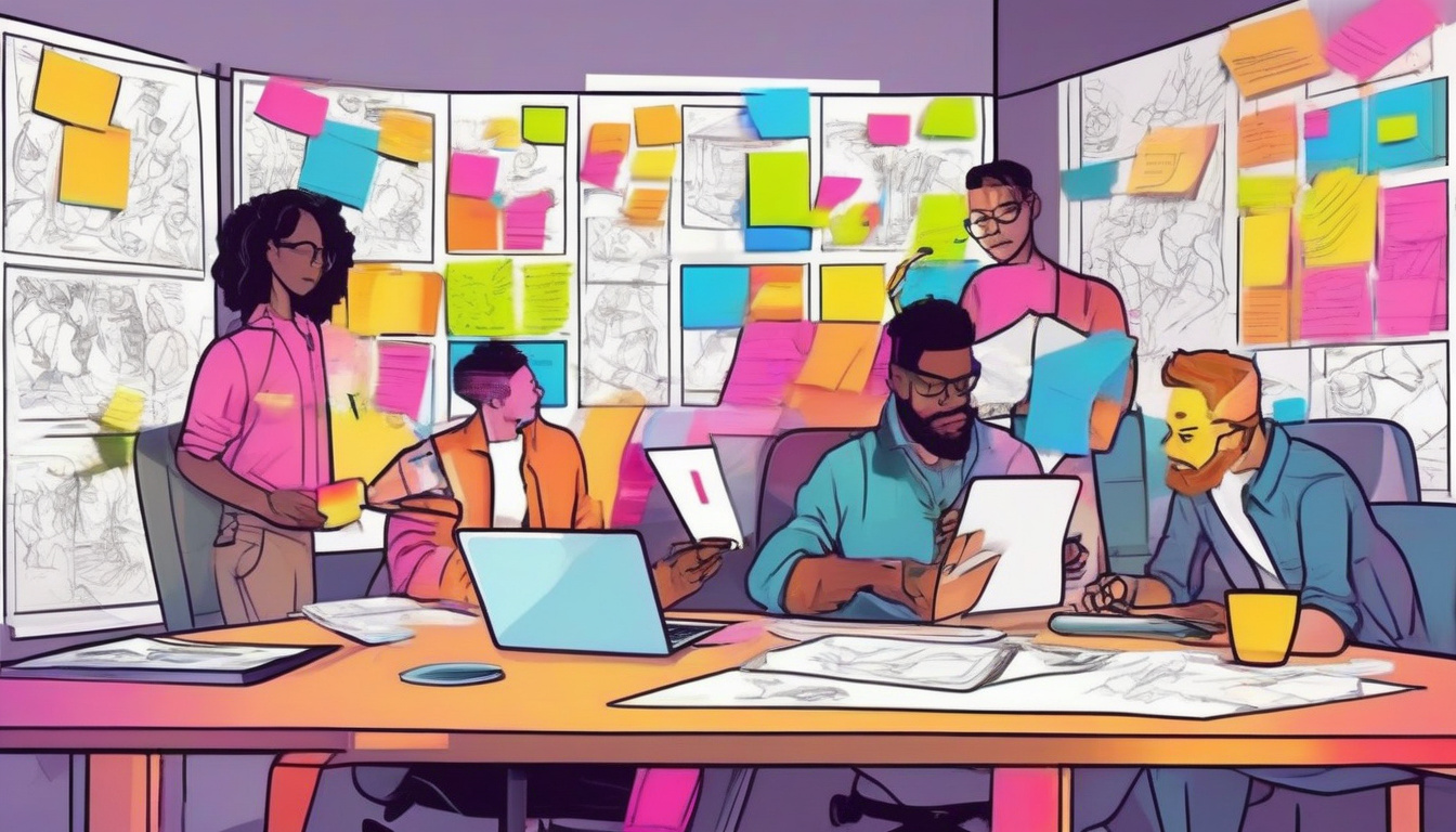  diverse artists collaborating on storyboards, colorful sticky notes, digital tablet with stylus, modern studio ambiance