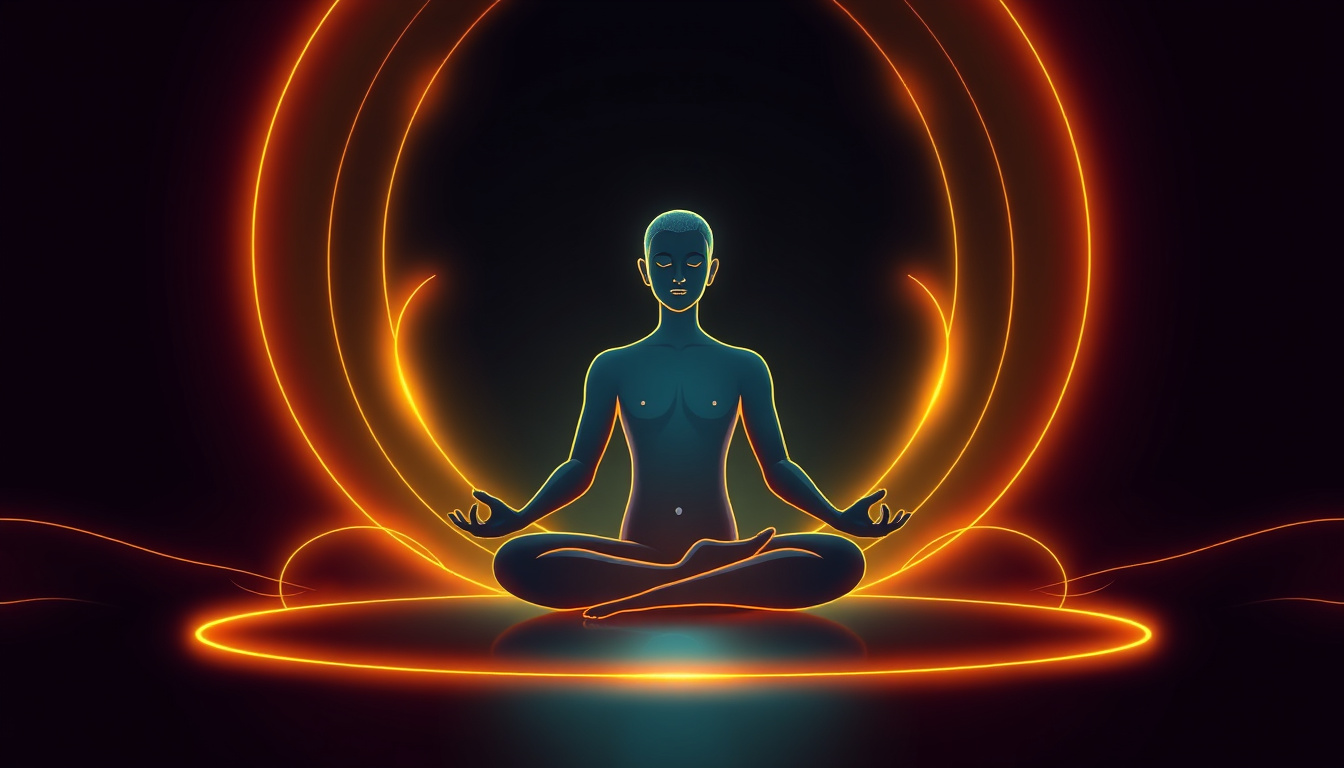  Meditation with glowing chi lines surrounding a serene figure —no extra words or line breaks