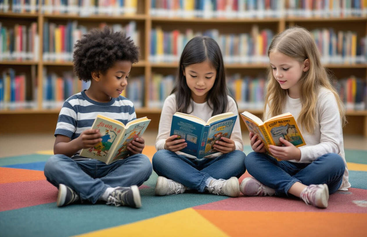 Create a realistic image of a diverse group of children sitting on a colorful carpet in a library corner, each engaged with age-appropriate books - a Black boy around 5 years old with a picture book, an Asian girl about 8 reading a chapter book, and a White girl around 10 with a middle-grade novel, while a bookshelf in the background displays books clearly organized by age categories with colorful age indicators.