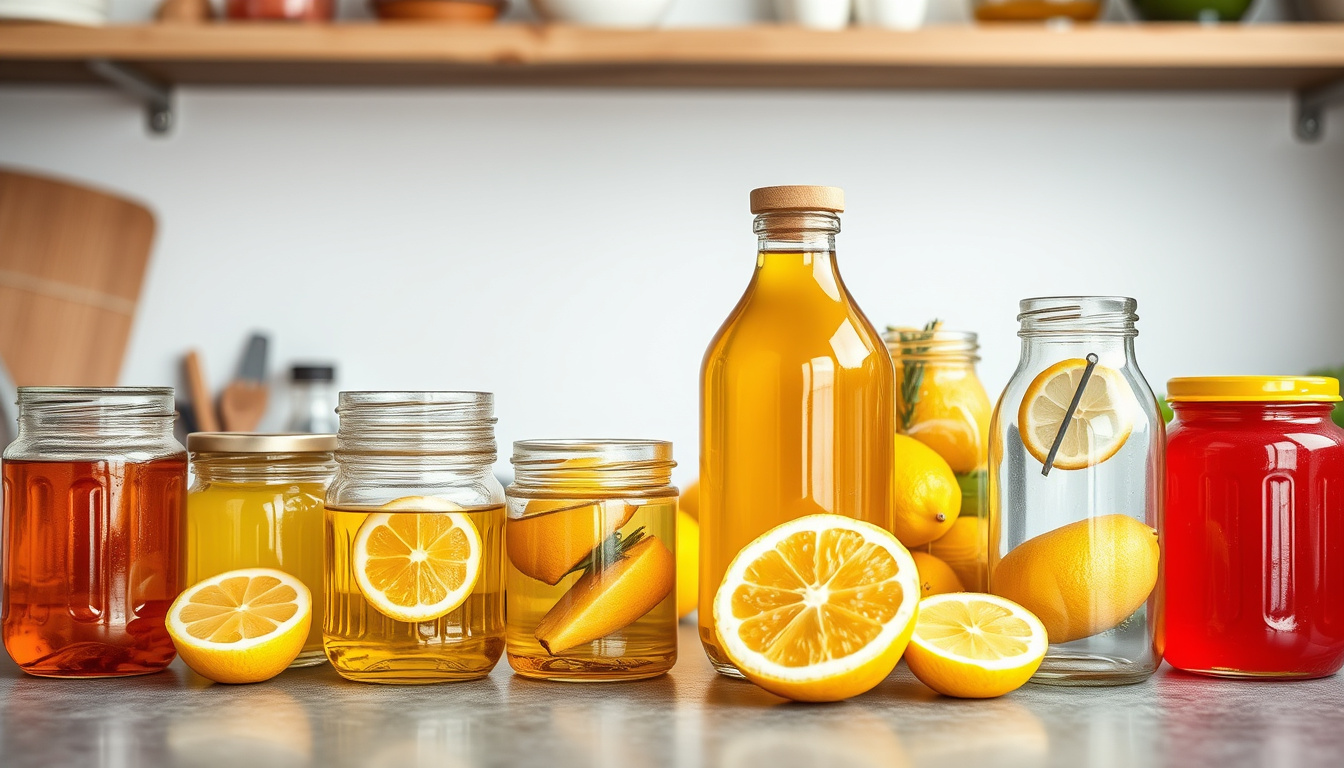  Colorful assortment of glass jars filled with natural preservatives like honey, vinegar, and lemon slices on kitchen counter