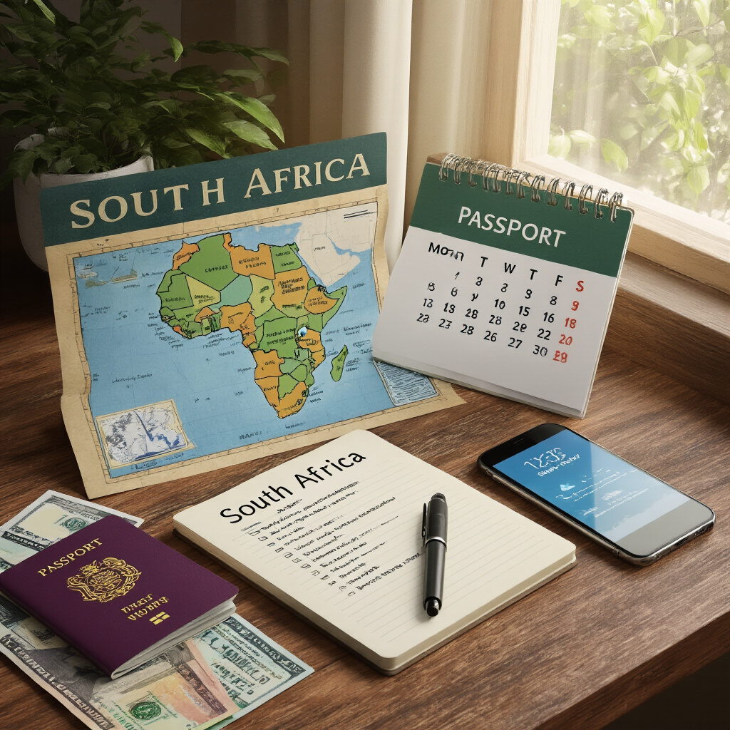 Create a realistic image of a travel planning scene with a map of South Africa, a calendar highlighting seasonal considerations, a notebook with a checklist, a passport, South African currency notes, and a smartphone displaying weather information, all arranged neatly on a wooden desk with soft natural lighting streaming in from a nearby window.