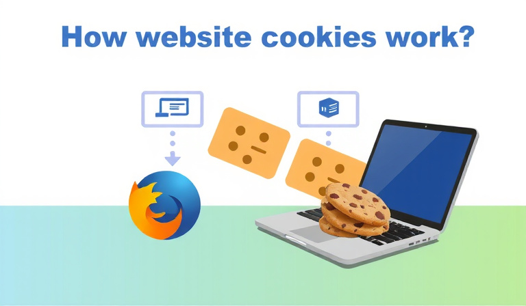 digital illustration showing how website cookies work, with a laptop screen displaying cookie files being exchanged between a user's browser and a server, using simple infographic style with blue and green colors, clean lines