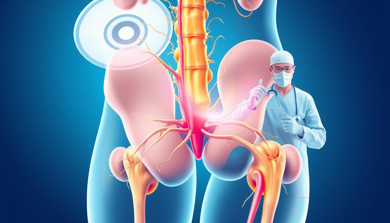  Illustration of sciatic nerve anatomy with surgical overlay and medical professionals  