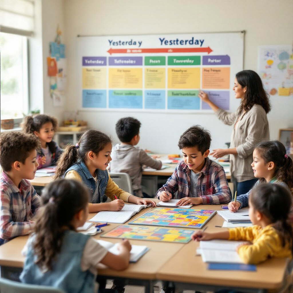 Create a realistic image of a diverse classroom with elementary school students (mixed races including white, black, and Asian children of both genders) engaging in past tense activities - some are at desks writing in workbooks, others are playing a board game with past tense verbs, and a female teacher is pointing to a colorful timeline on the wall showing "yesterday" activities, all in a bright, cheerful classroom setting with student work displayed.