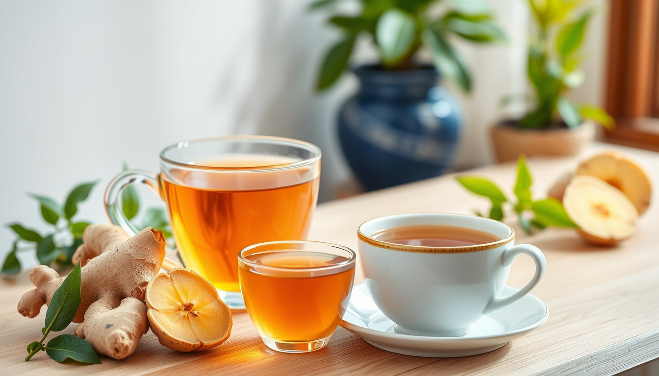  herbal teas and fresh ginger, calm home environment, focus on natural treatment