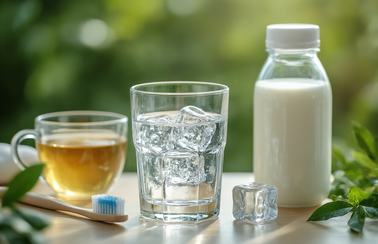 Create a realistic image of a close-up of a glass of clear water with ice cubes alongside a reusable water bottle, surrounded by healthy beverage options like green tea and milk, with a subtle dental hygiene visual like a toothbrush or smile in the corner, bright natural lighting highlighting the refreshing appearance of the drinks, representing hydration choices for dental health.