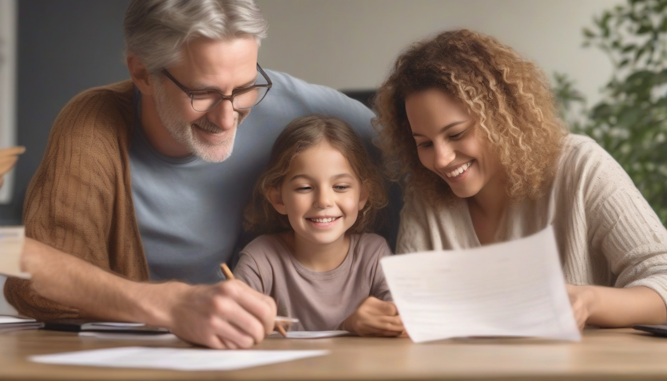  Happy Canadian family reviewing debt relief plan, maple leaf background, calm and hopeful atmosphere