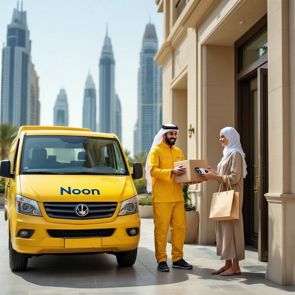 Create a realistic image of a modern Noon delivery van with distinctive yellow branding parked outside a luxury Dubai apartment building, with a smiling Arab male delivery person handing a package to a satisfied female customer at her doorstep, smartphone with Noon app visible in her hand, shopping bags nearby, gleaming skyscrapers visible in the background, bright daylight emphasizing convenience and prompt service.