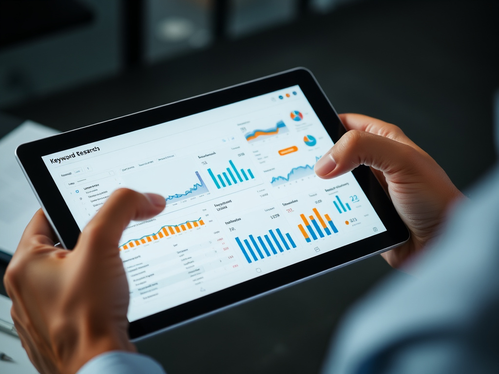 business analyst examining keyword research data on a digital tablet with charts and keywords