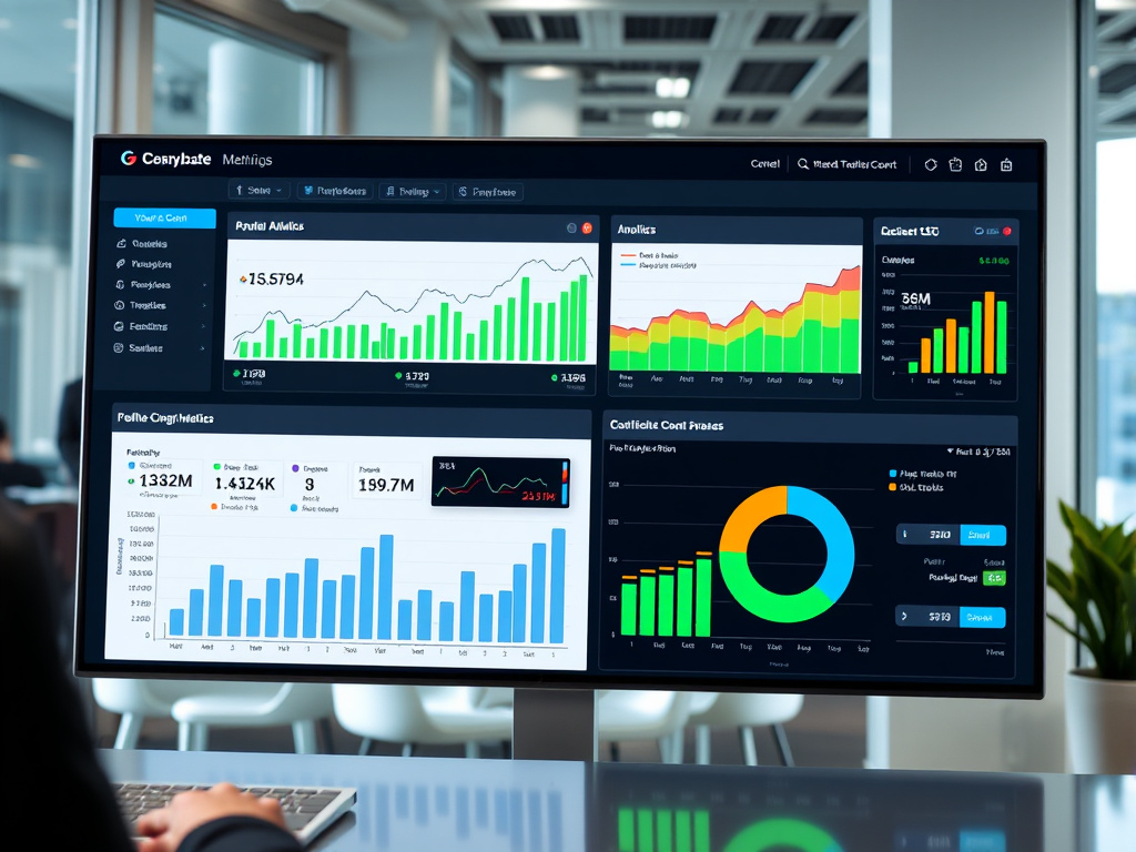 corporate dashboard displaying comprehensive SEO metrics and analytics in a professional setting
