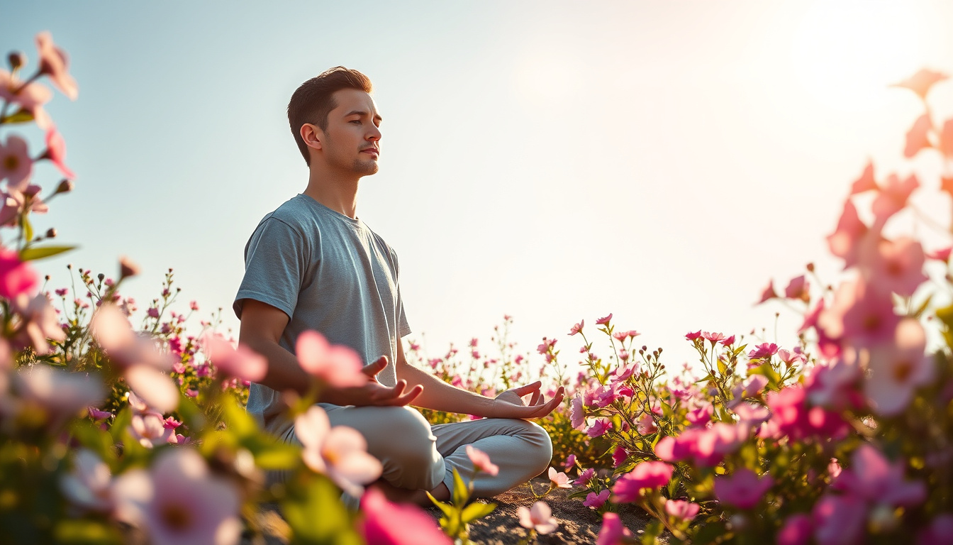  A tranquil scene of someone practicing mindfulness amidst blooming flowers and soft sunlight