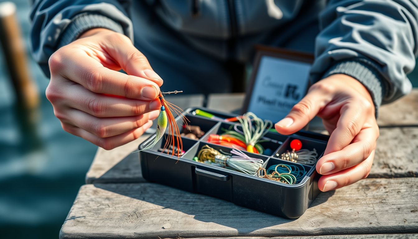  Close-up of hands tying fishing lure with colorful hooks and detailed tackle box on wooden dock